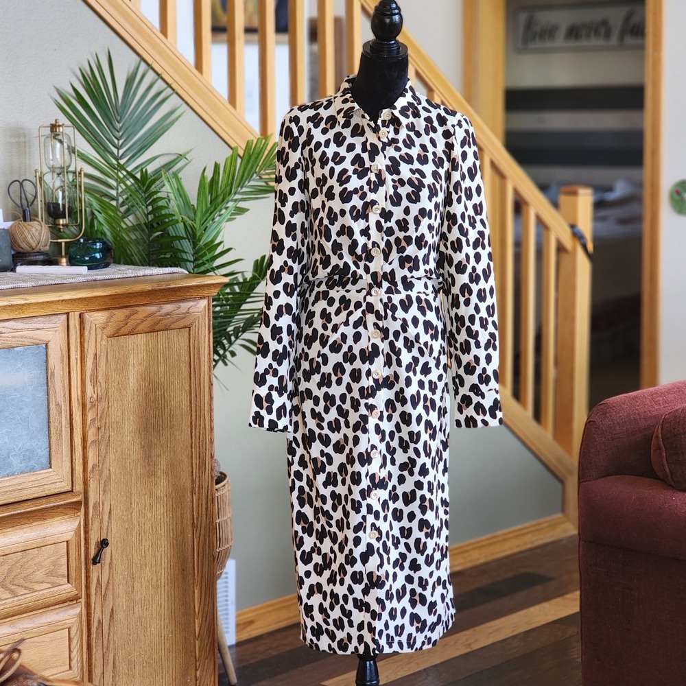 Kate‎ Spade Animale Lepord Print Dress Size 12  Gathered Shirt Dress Belted Back